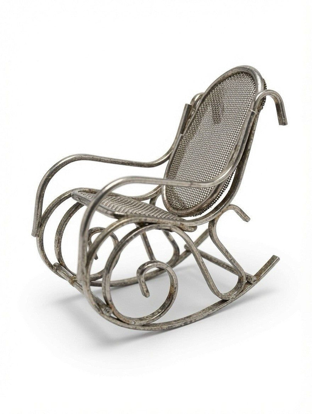A metal rocking chair with a mesh backrest and curved armrests.