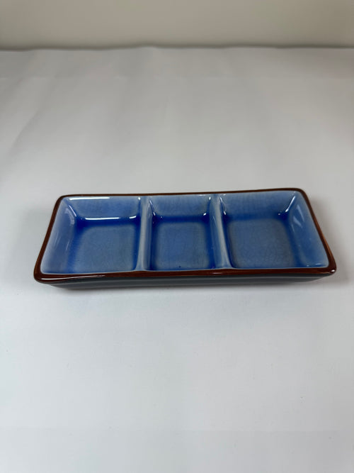 Japanese Ceramic 3-Section Condiment Tray | Blue Crackle Glaze | Sushi Serving Dish