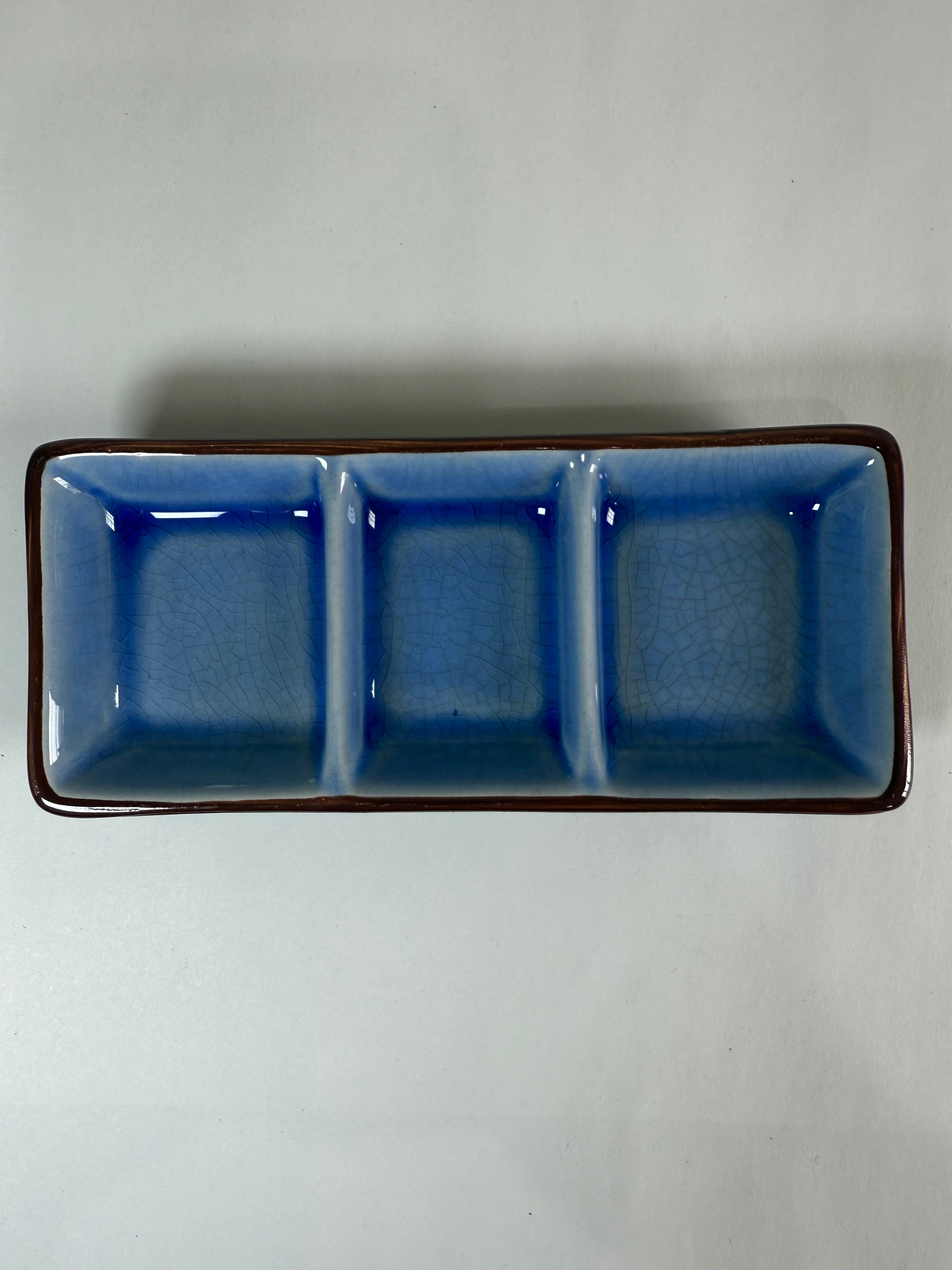 Japanese Ceramic 3-Section Condiment Tray | Blue Crackle Glaze | Sushi Serving Dish