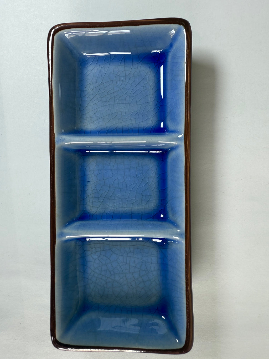 Japanese Ceramic 3-Section Condiment Tray | Blue Crackle Glaze | Sushi Serving Dish