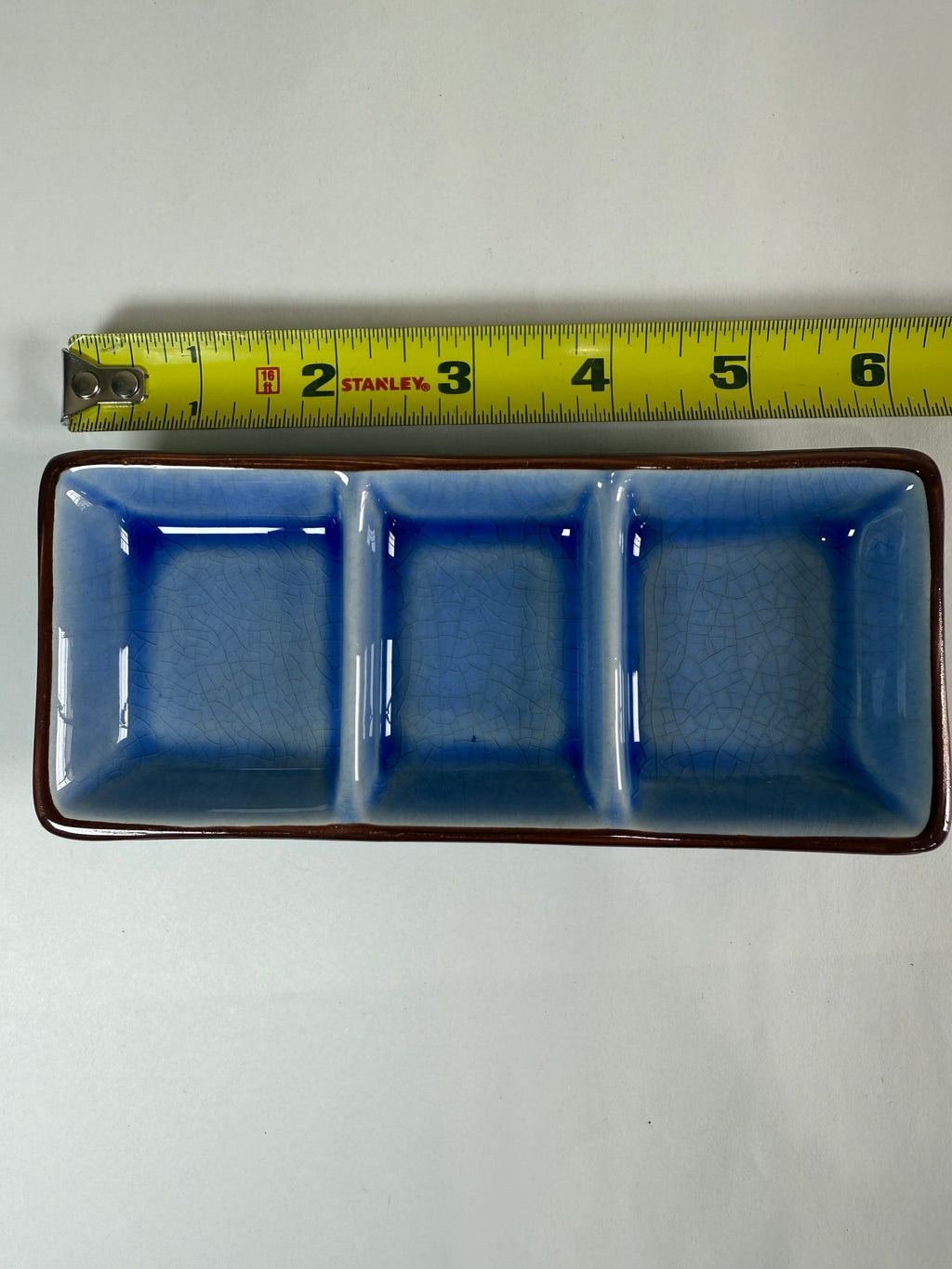 Japanese Ceramic 3-Section Condiment Tray | Blue Crackle Glaze | Sushi Serving Dish