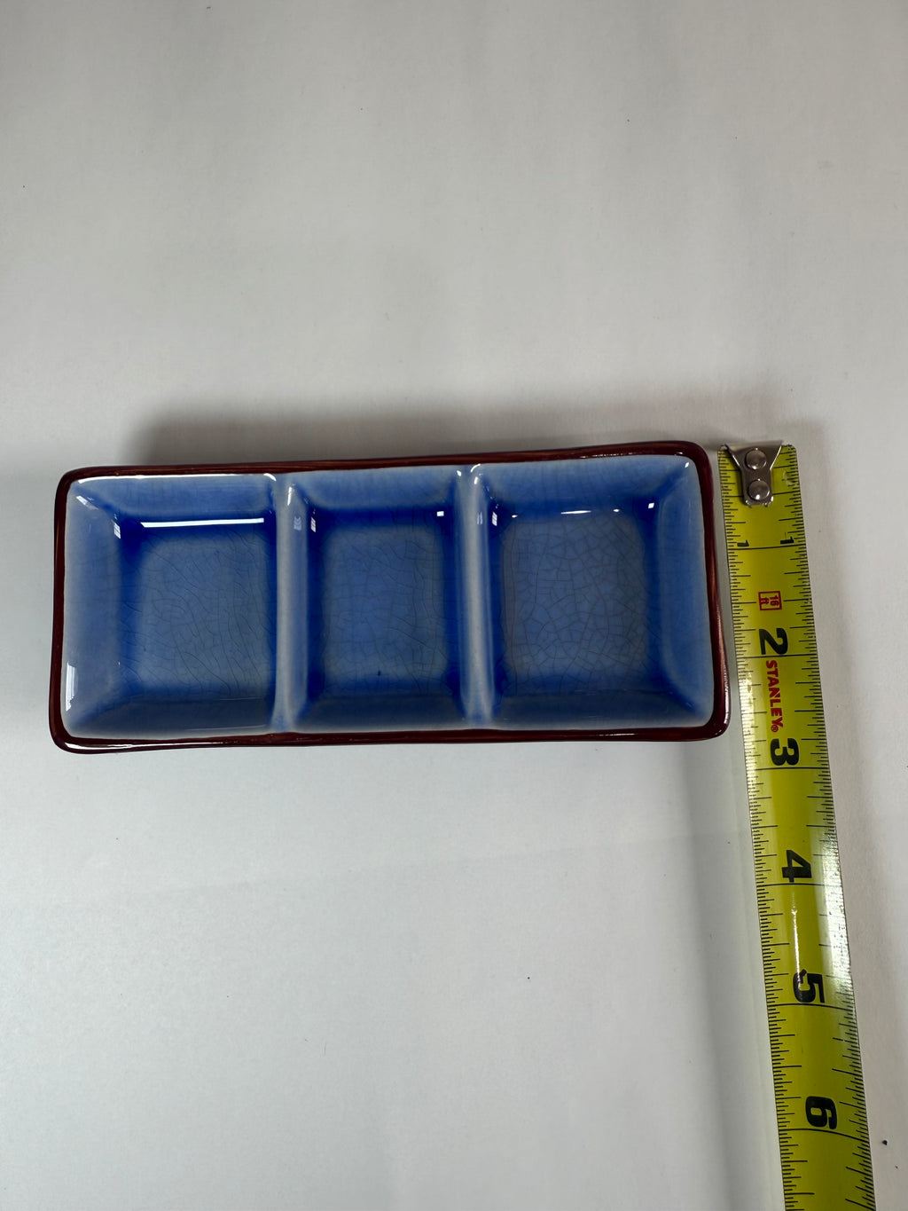 Japanese Ceramic 3-Section Condiment Tray | Blue Crackle Glaze | Sushi Serving Dish
