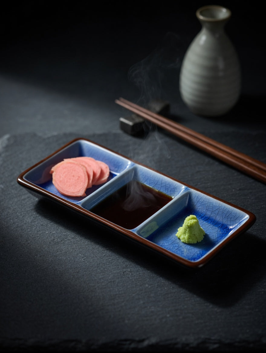 Japanese Ceramic 3-Section Condiment Tray | Blue Crackle Glaze | Sushi Serving Dish